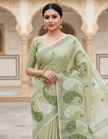 Light Green Embroidered Linen Saree For Summer