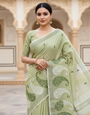 Light Green Embroidered Linen Saree For Summer