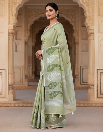 Light Green Embroidered Linen Saree For Summer