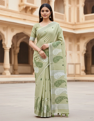 Light Green Embroidered Linen Saree For Summer