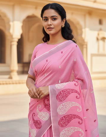 Pink Embroidered Linen Saree For Summer