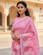 Pink Embroidered Linen Saree For Summer