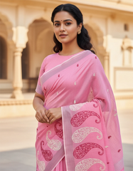 Pink Embroidered Linen Saree For Summer