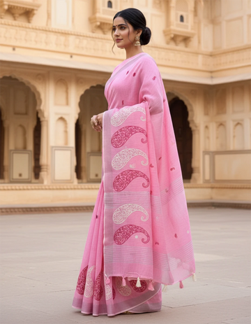 Pink Embroidered Linen Saree For Summer