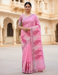 Pink Embroidered Linen Saree For Summer