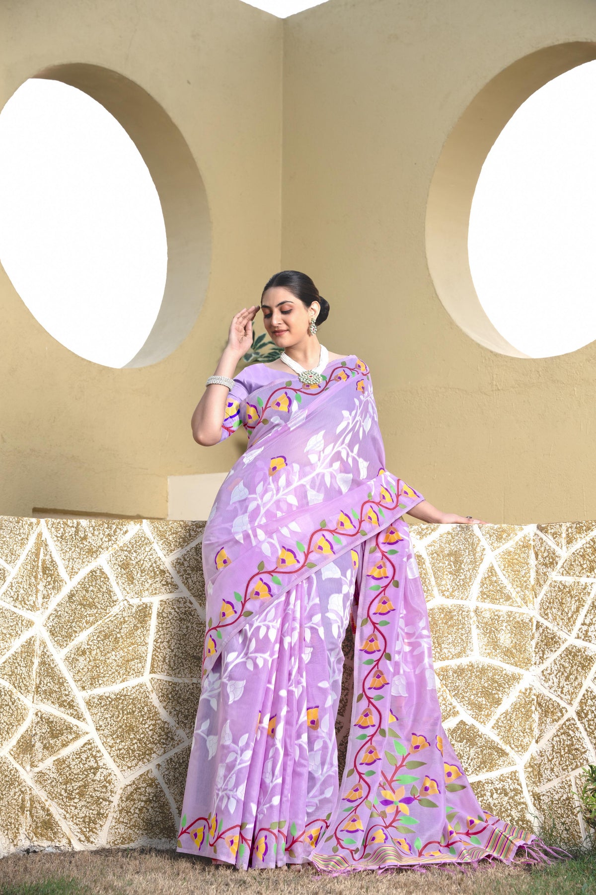 lavender floral printed saree