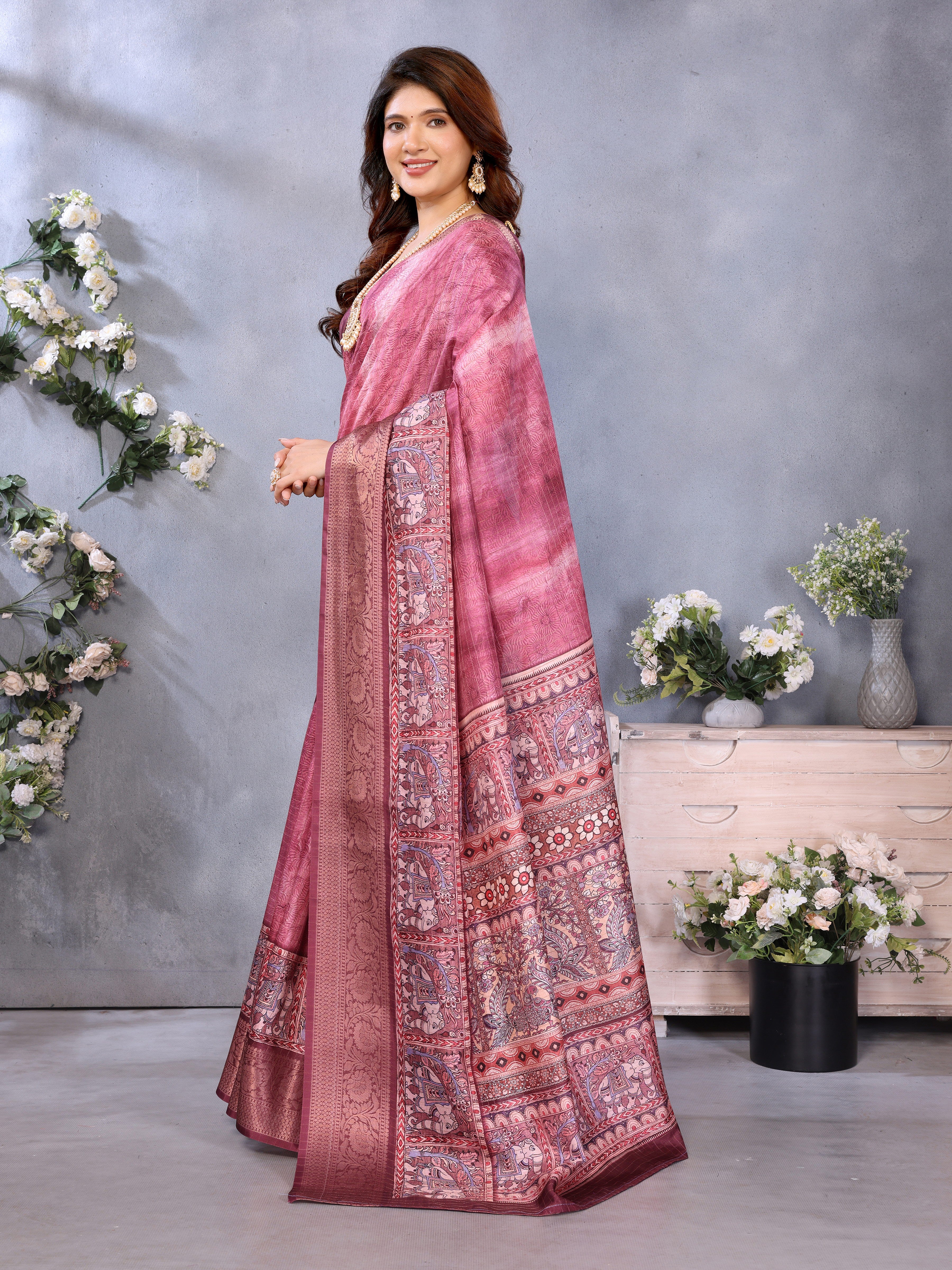 lightweight wine saree with digital kalamkari print