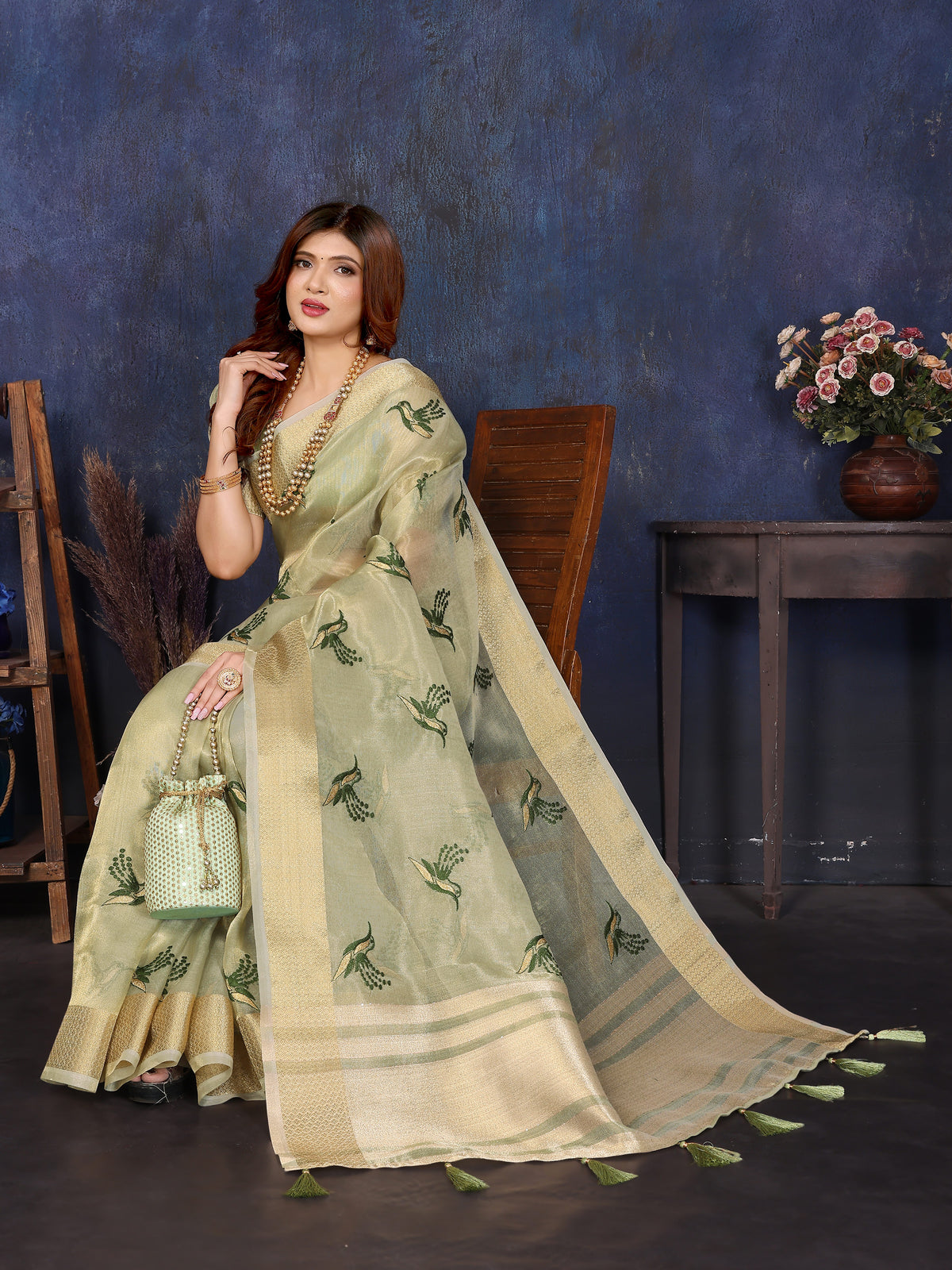 mehendi green viscose thread work saree online