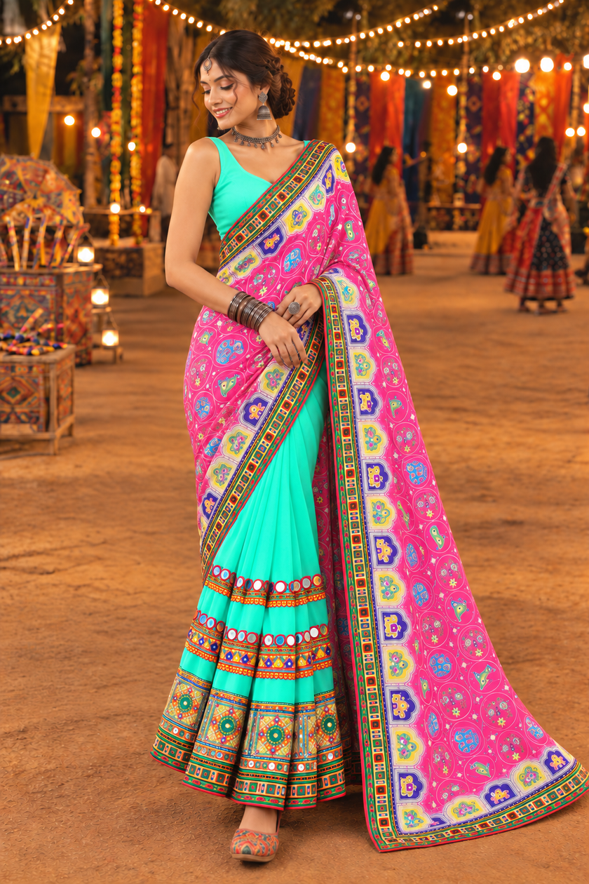 Pink Georgette-Silk Half And Half Bandhani Saree For Navratri