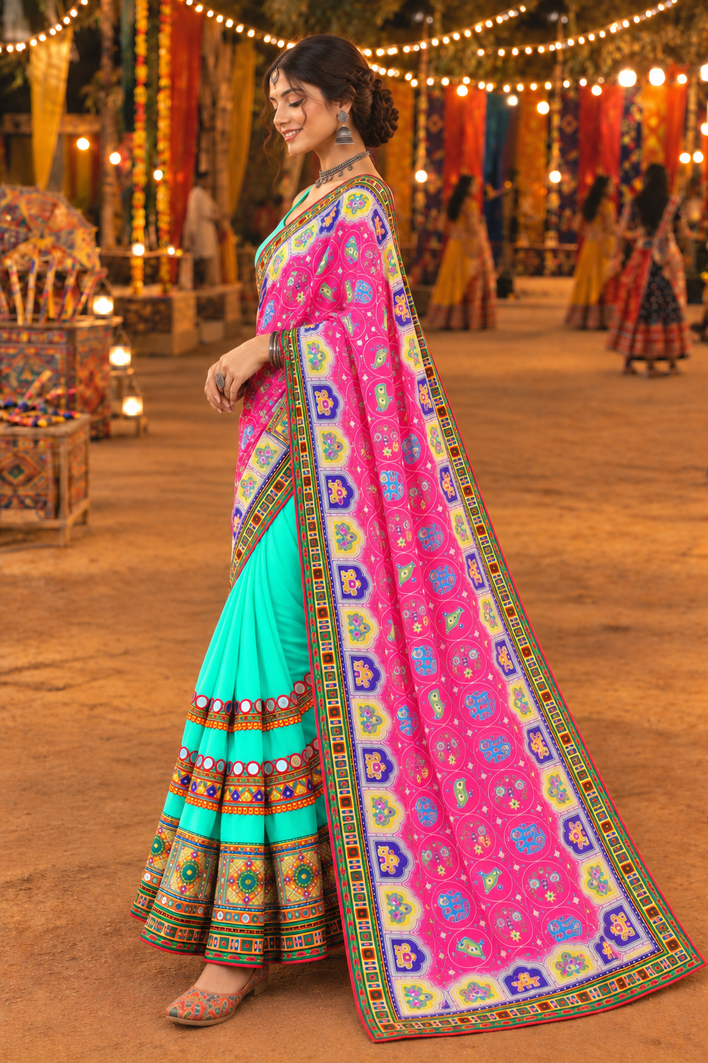 Pink Georgette-Silk Half And Half Bandhani Saree For Navratri