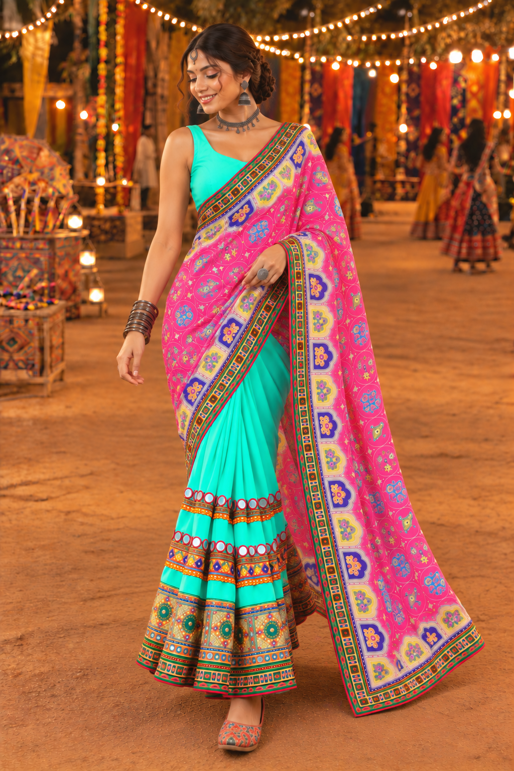 Pink Georgette-Silk Half And Half Bandhani Saree For Navratri