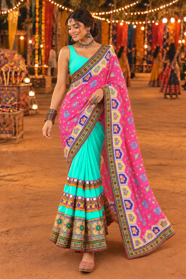 Pink Georgette-Silk Half And Half Bandhani Saree For Navratri