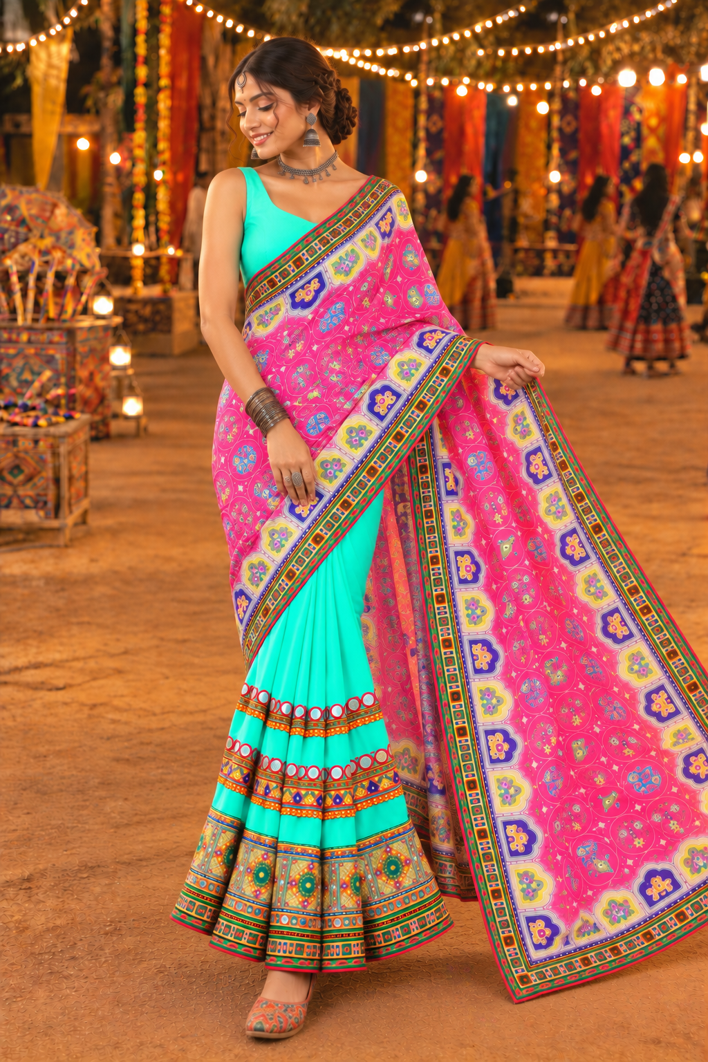 Pink Georgette-Silk Half And Half Bandhani Saree For Navratri
