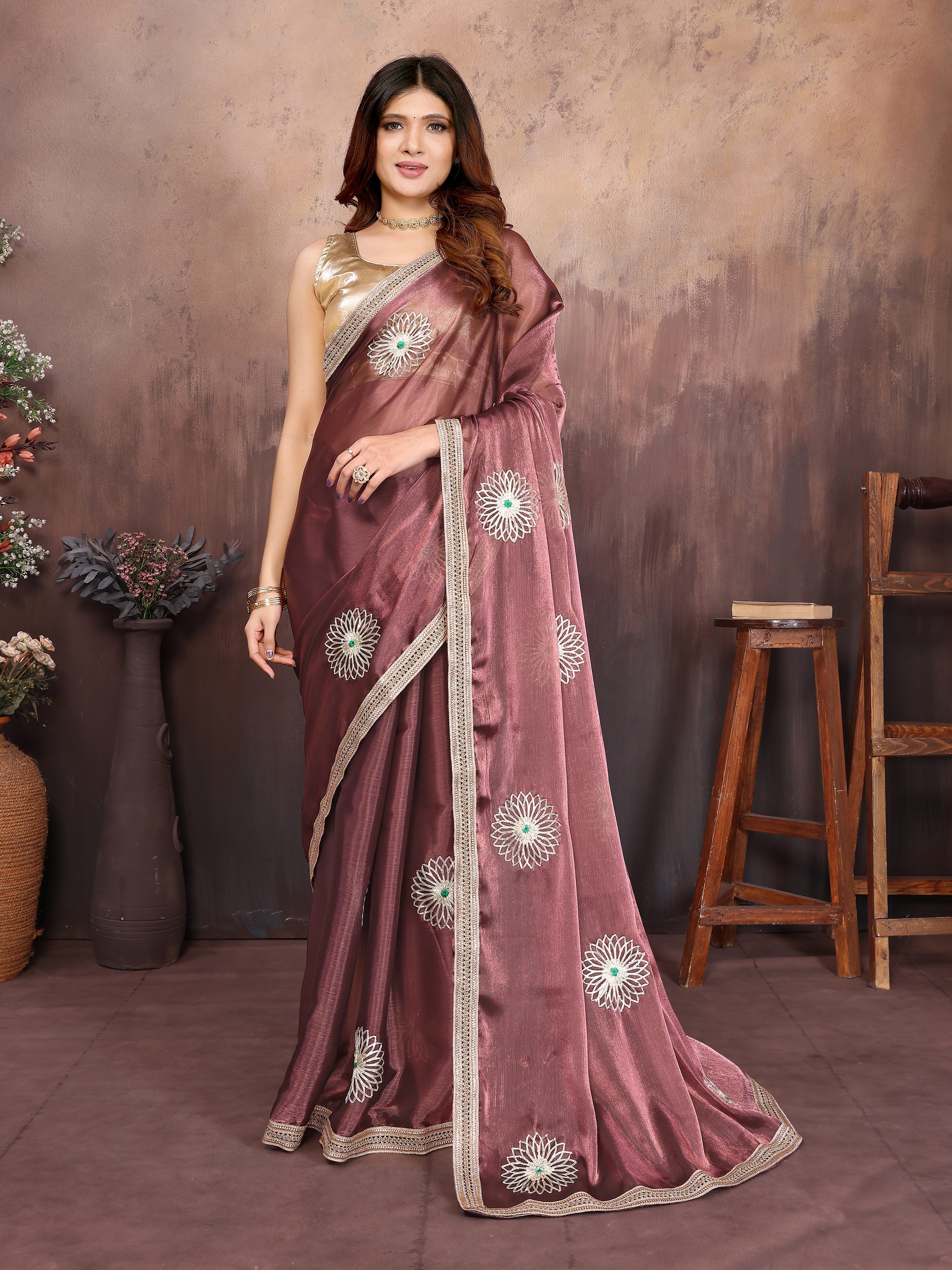 Wine Designer Chiffon Saree with Gotta Patti Work