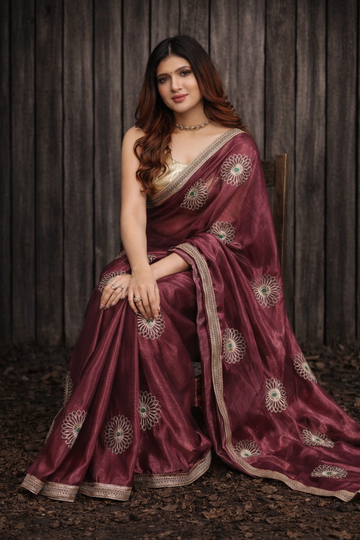 Wine Chiffon Silk Saree