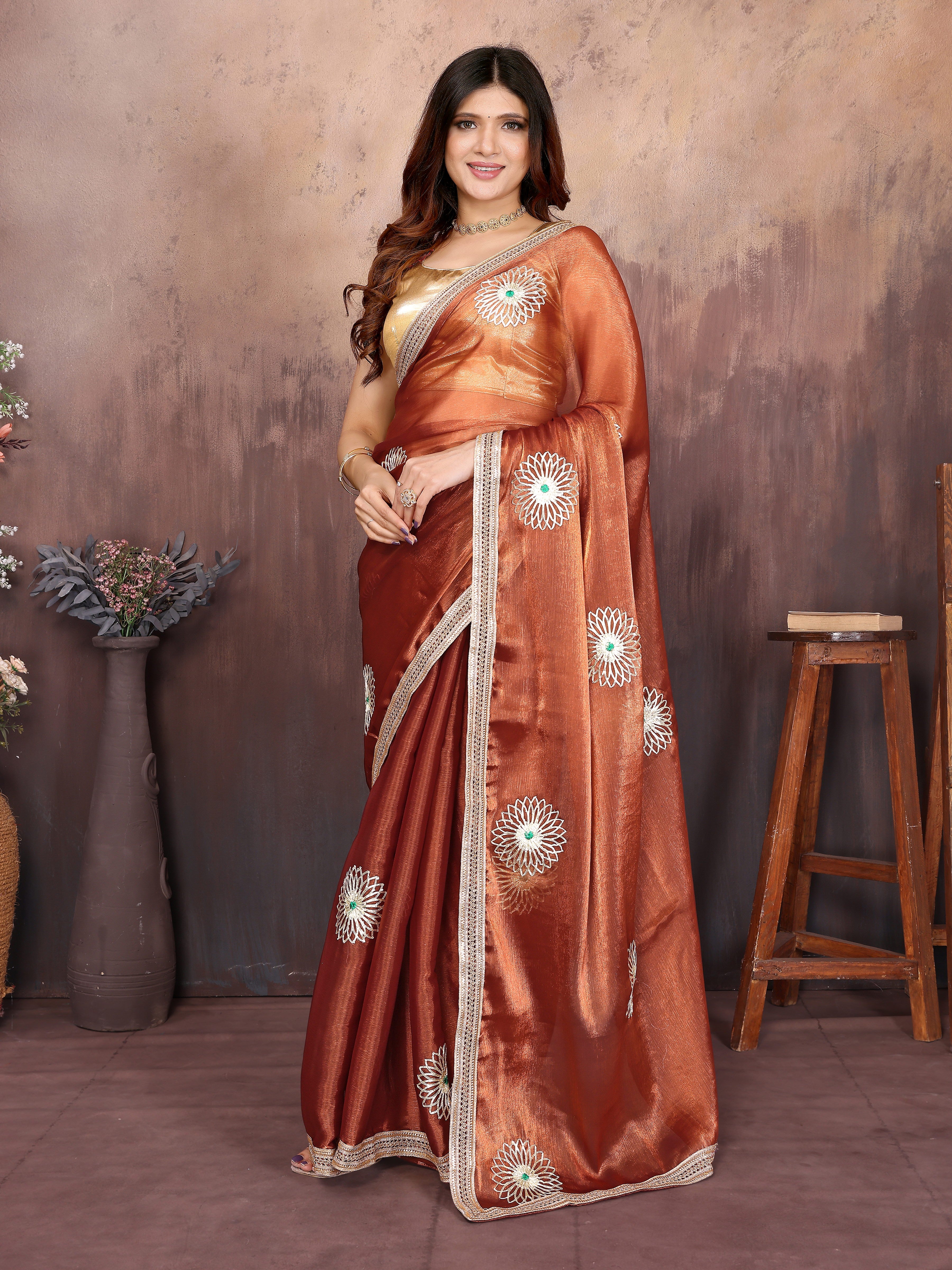 Rustic Brown Designer Chiffon Saree with Gotta Patti Work