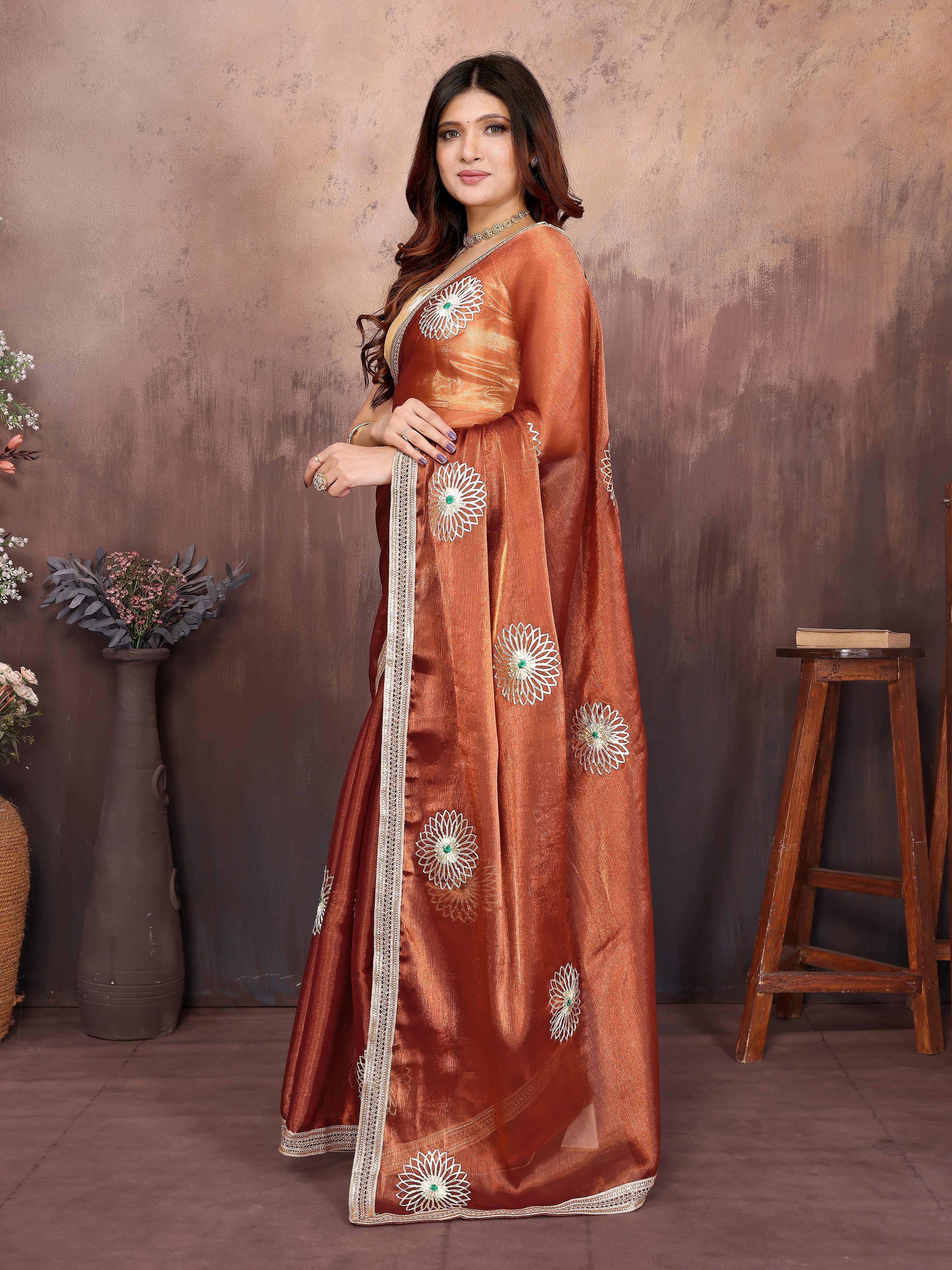 Rustic Brown Designer Chiffon Saree with Gotta Patti Work