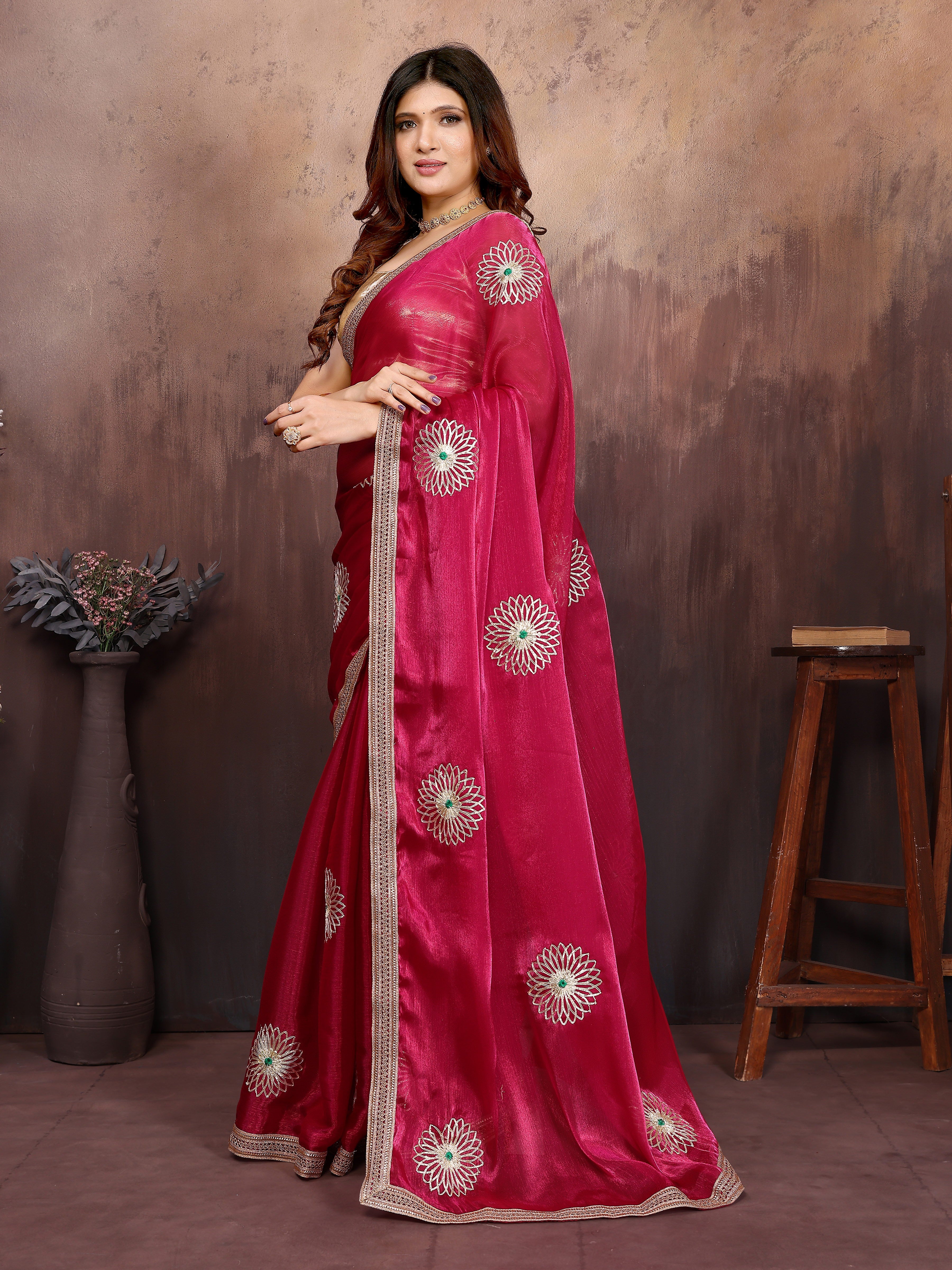 Rani Pink Designer Chiffon Saree with Gotta Patti Work