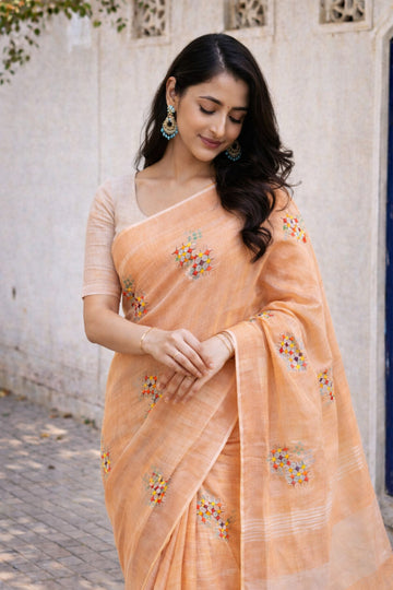 Simple Orange Linen Summer Saree