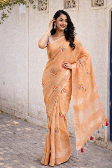 Simple Orange Linen Summer Saree