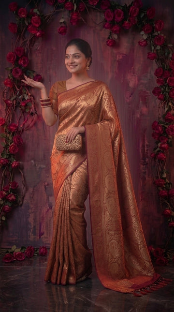 Orange Banarasi Silk Saree With Peacock Zari Work