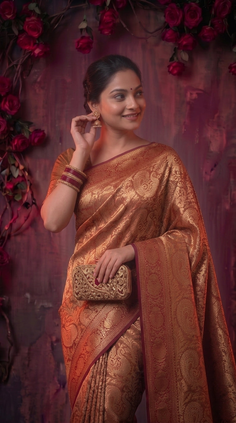 Orange Banarasi Silk Saree With Peacock Zari Work