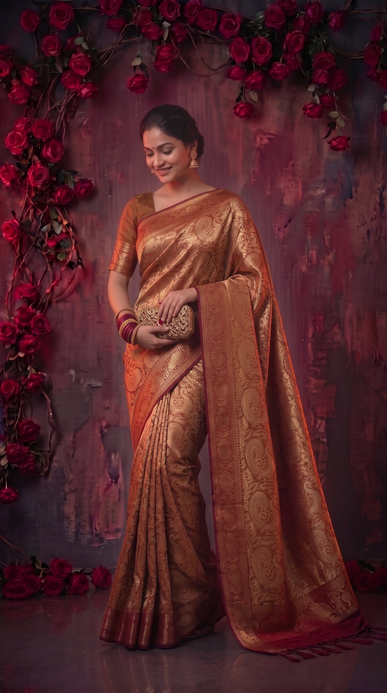 Orange Banarasi Silk Saree With Peacock Zari Work