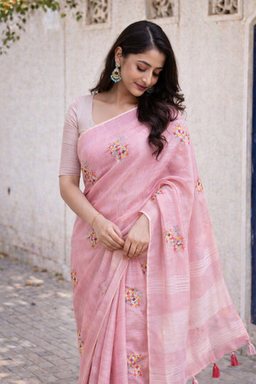 Simple Pink Linen Summer Saree