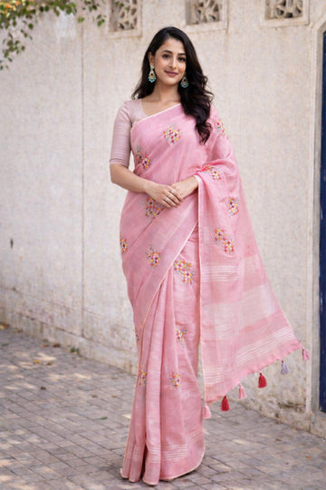 Simple Pink Linen Summer Saree