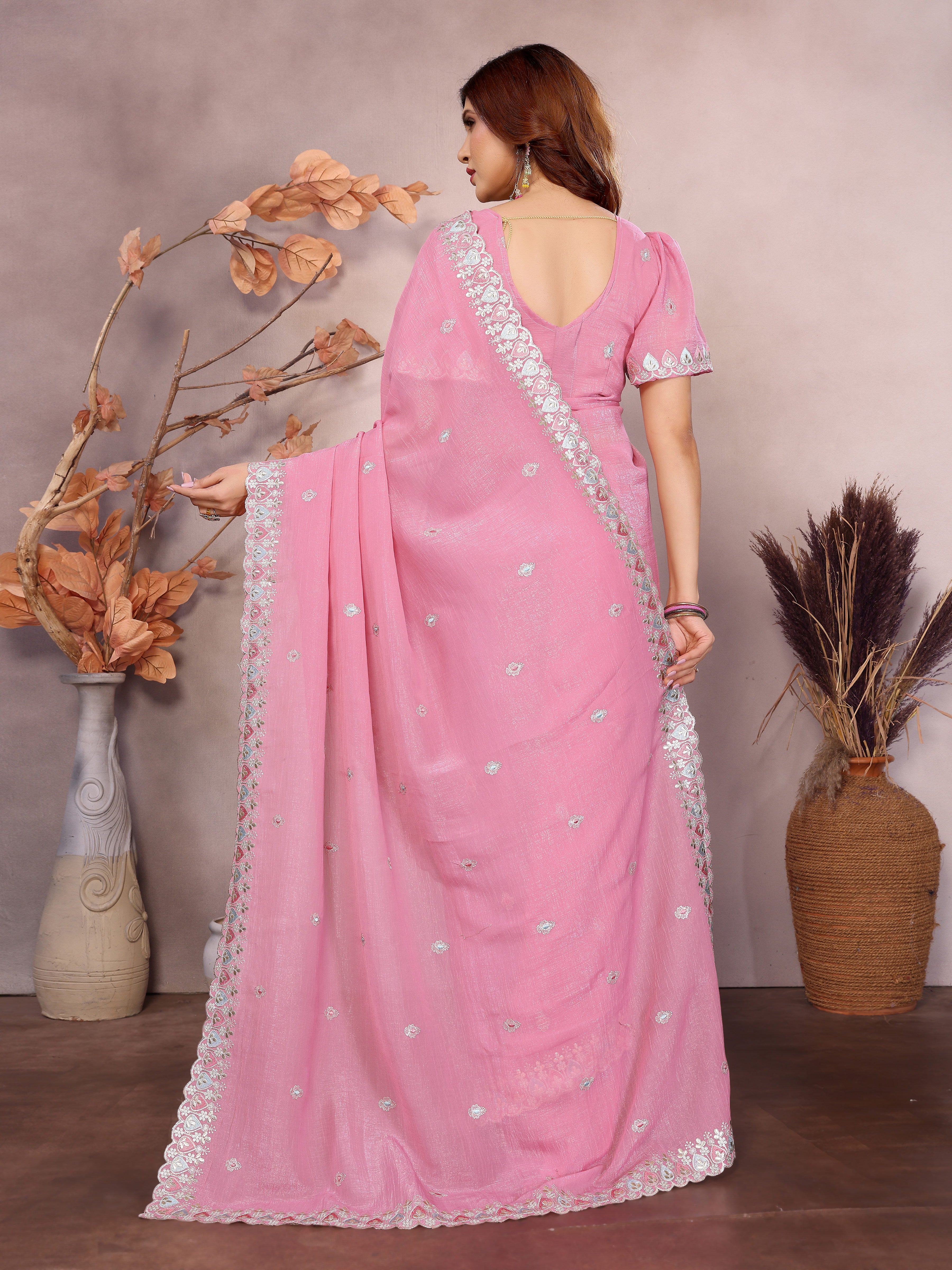 pink barbarick silk cutwork saree for party wear