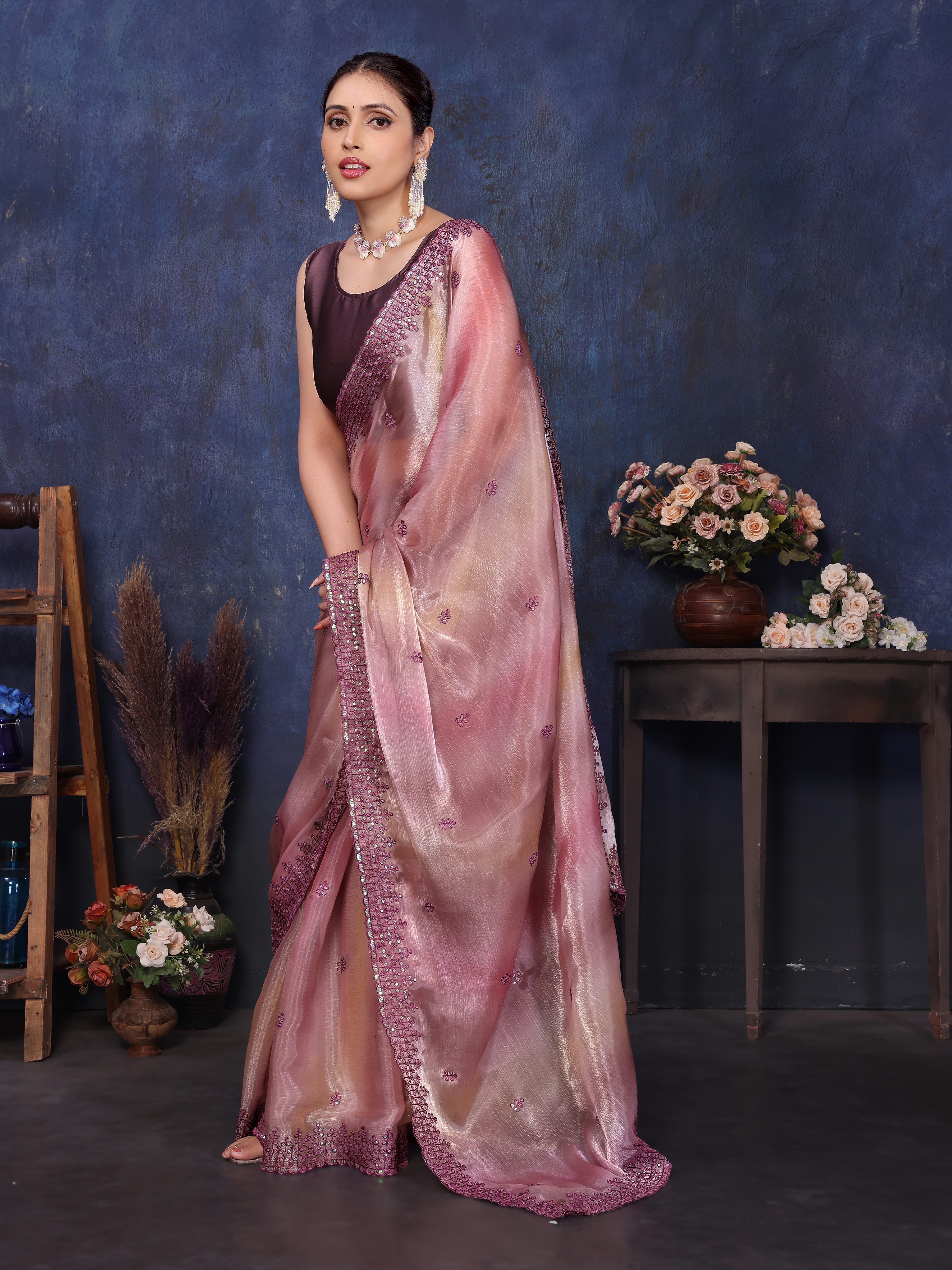 pink designer saree with embroidery work for wedding wear