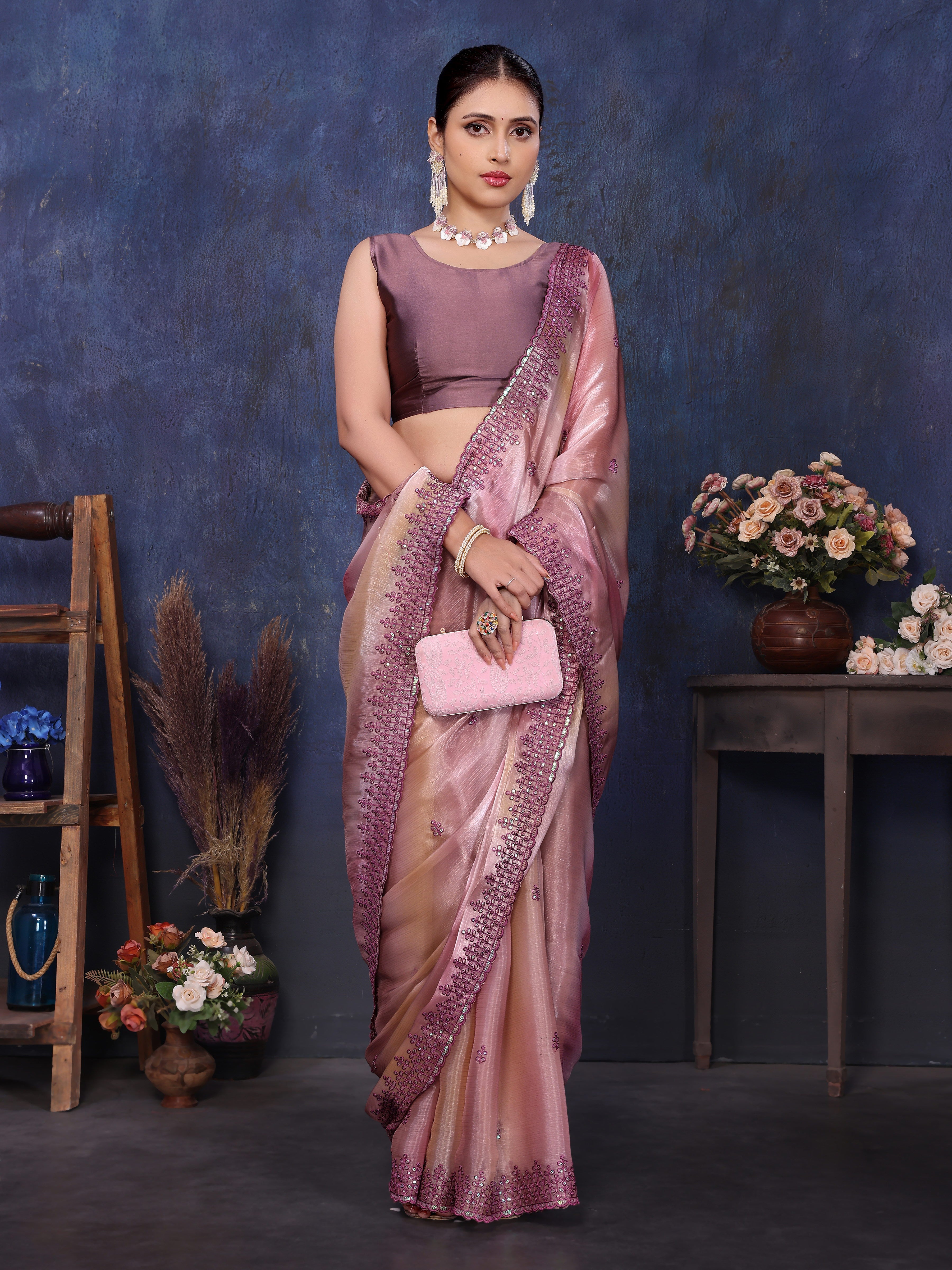 pink embroidered silk saree with blouse
