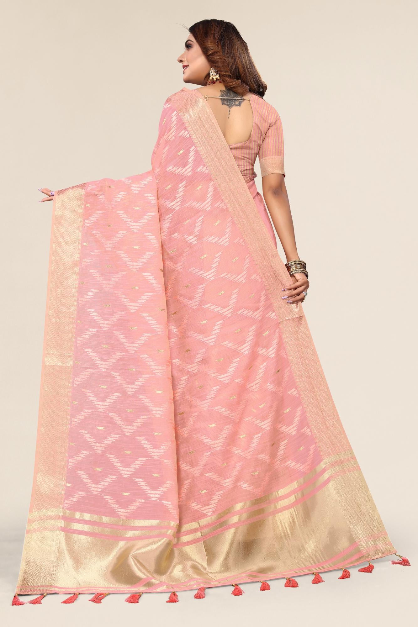 pink linen saree with embroidery