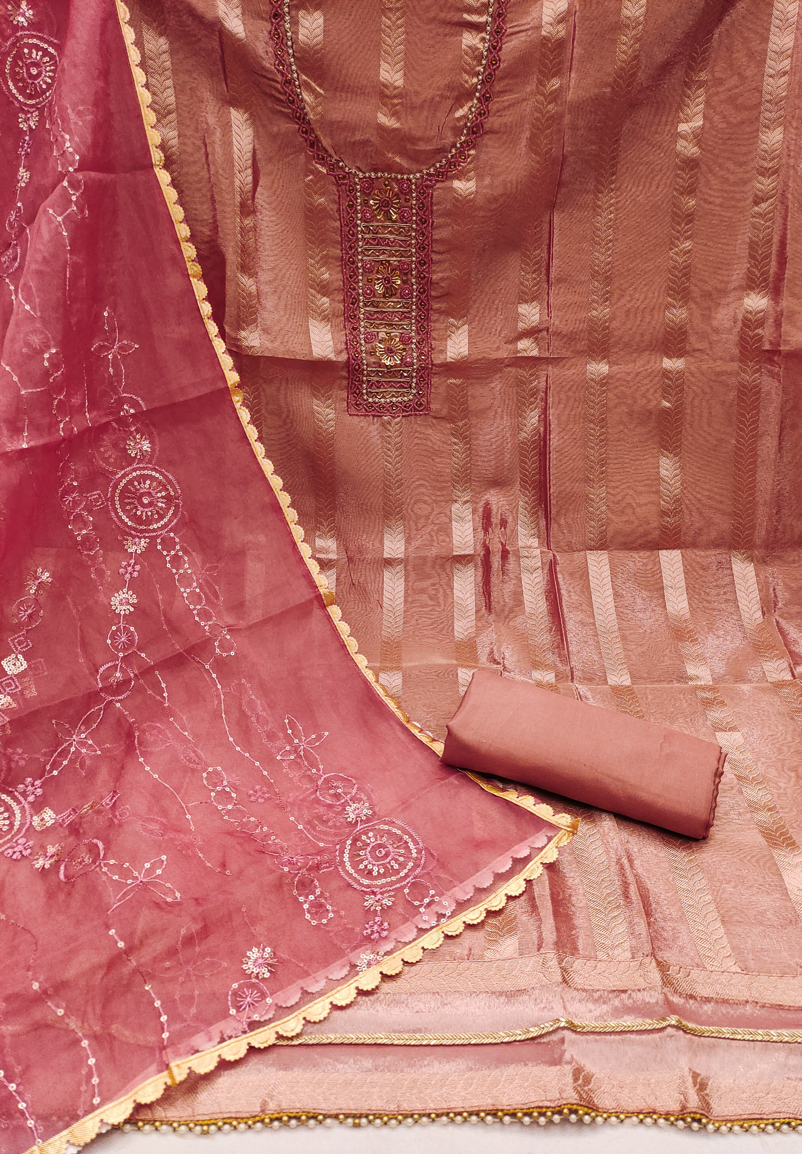 pink organza unstitched suit for women