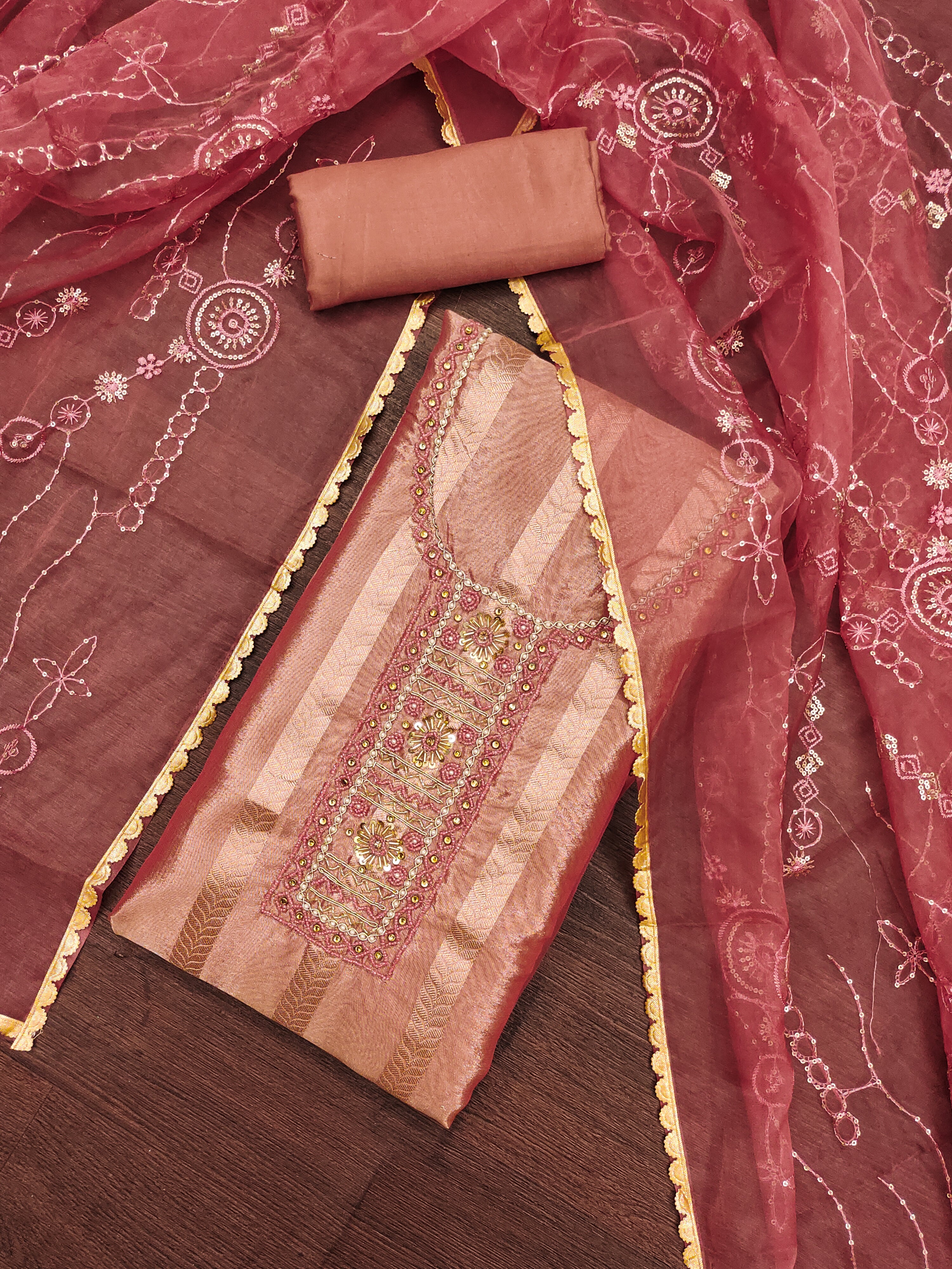 pink organza unstitched suit with dupatta
