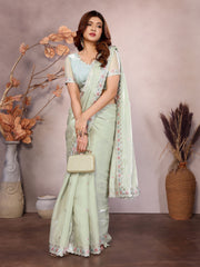 pista green barbarick silk cutwork saree for weddings