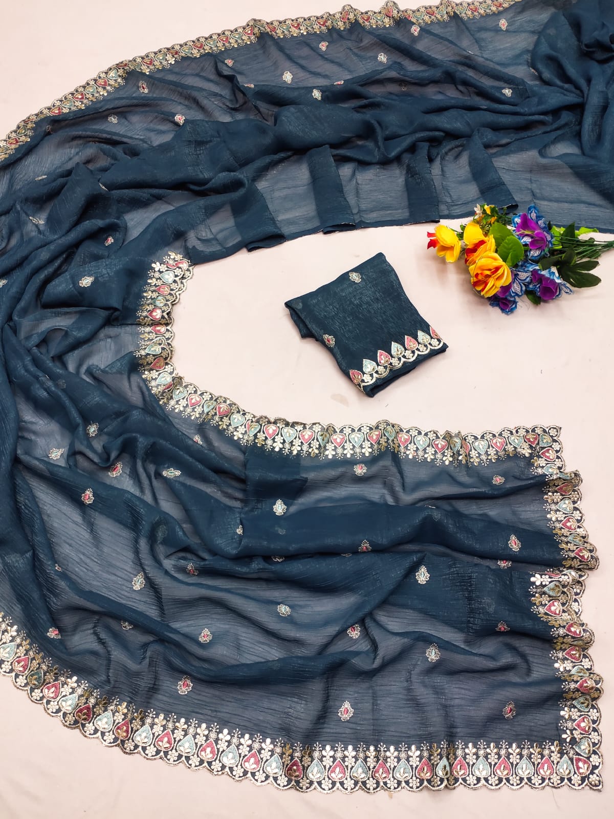 premium blue barbarick saree with handwork