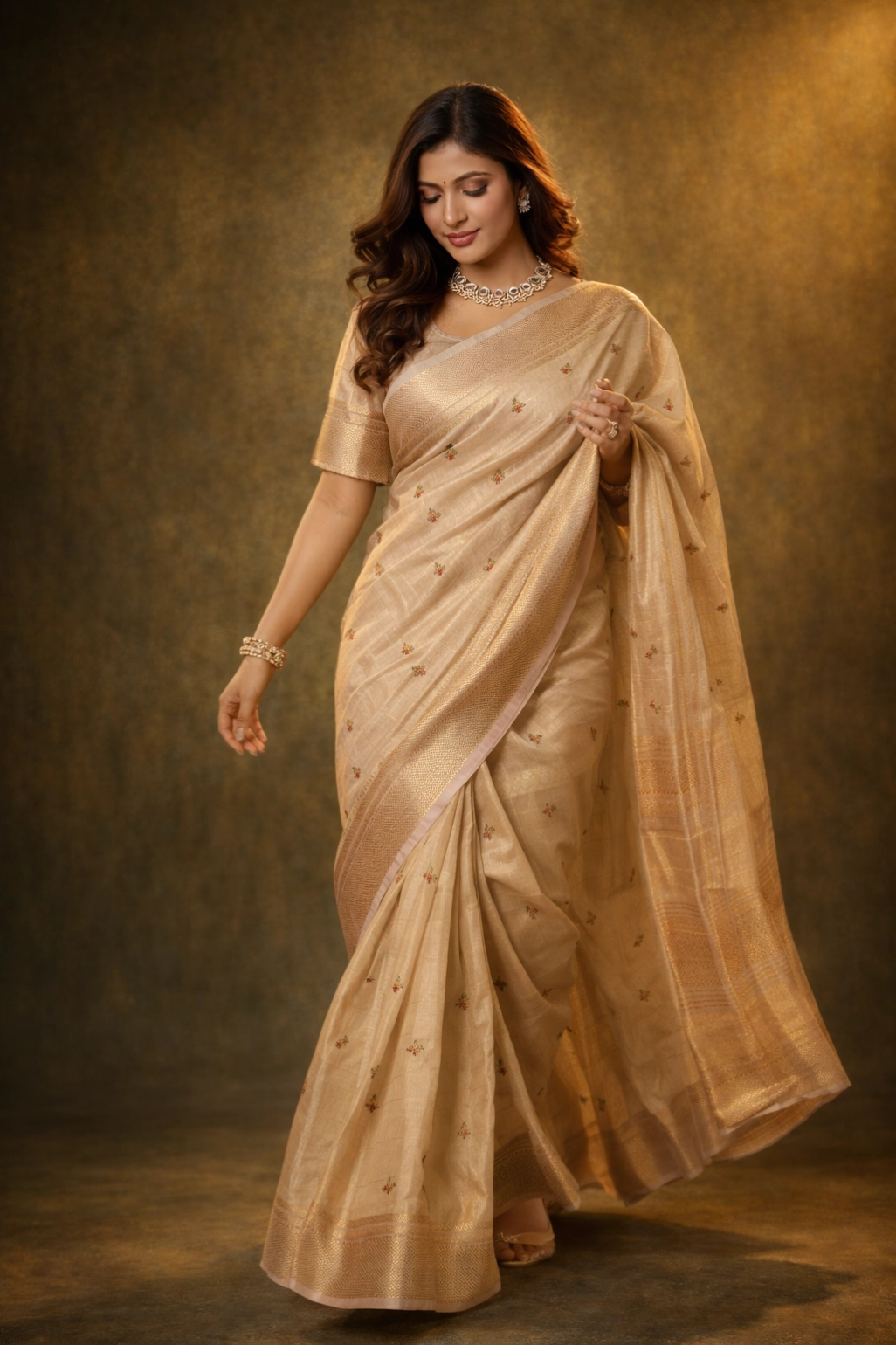 Cream Cotton Silk Thread Work Saree