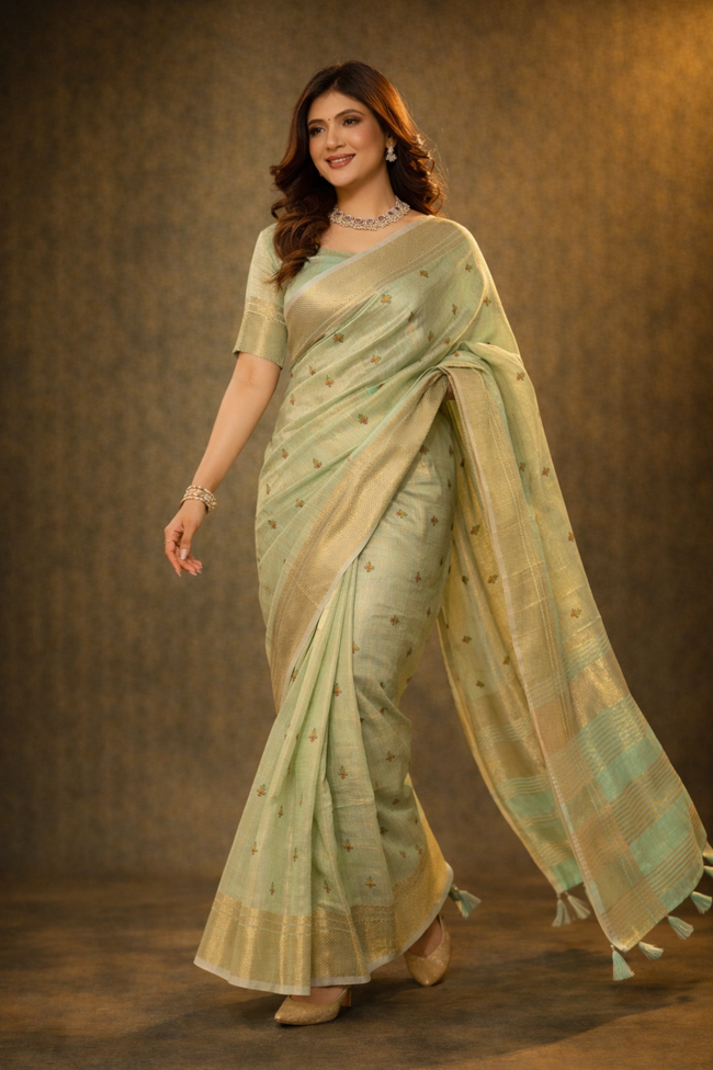 Sea Green Cotton Silk Thread Work Saree
