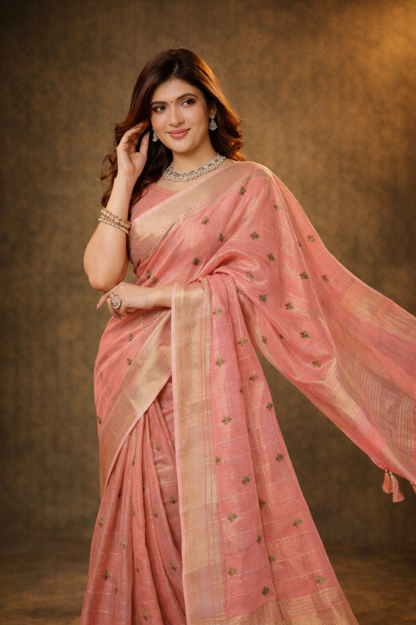 Pink Cotton Silk Thread Work Saree