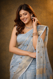 Blue Cotton Silk Thread Work Saree