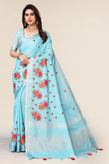 pure blue cotton silk saree zari pallu