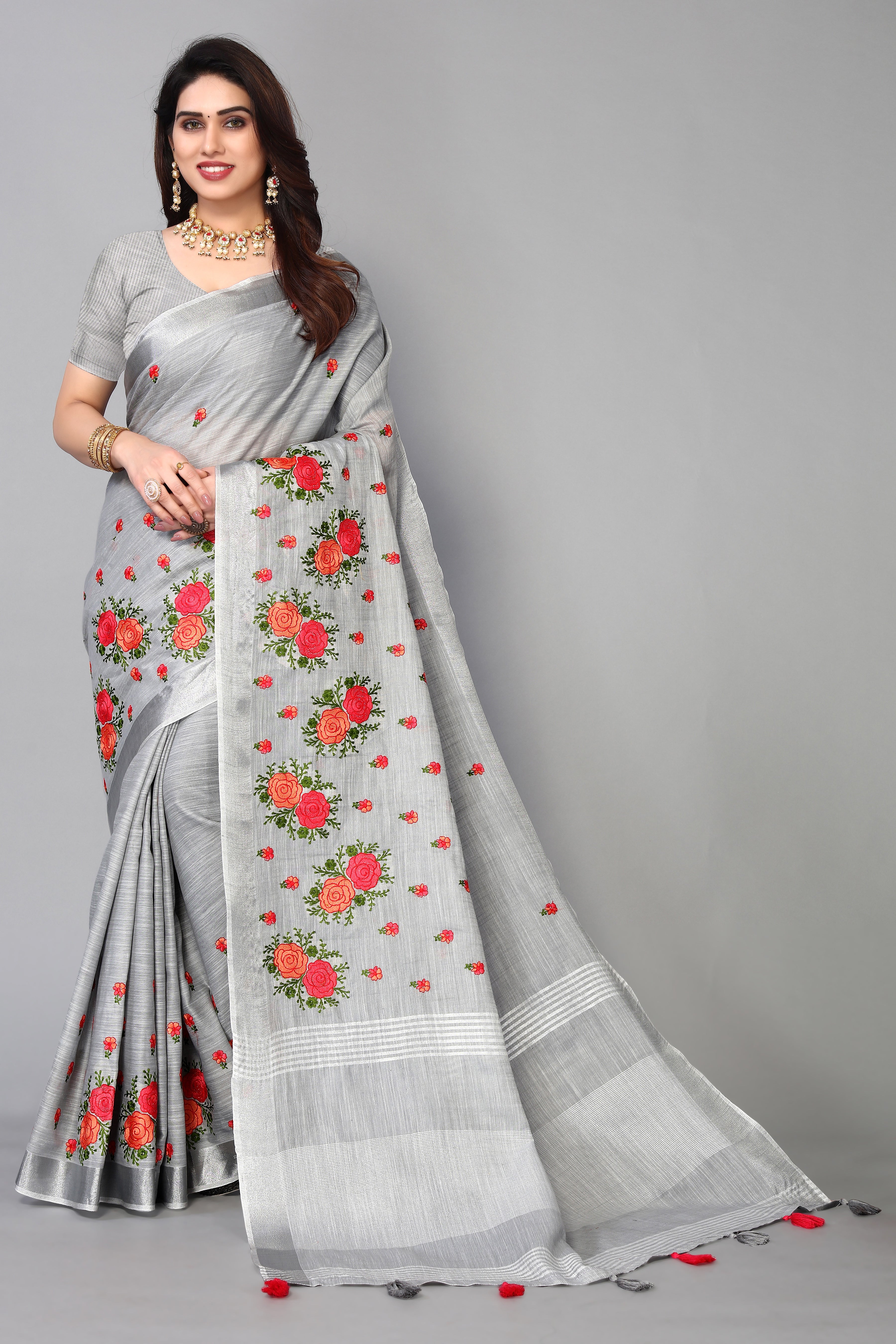 pure grey cotton silk saree with zari work