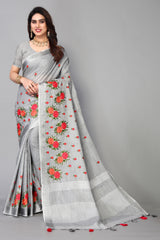 pure grey cotton silk saree with zari work