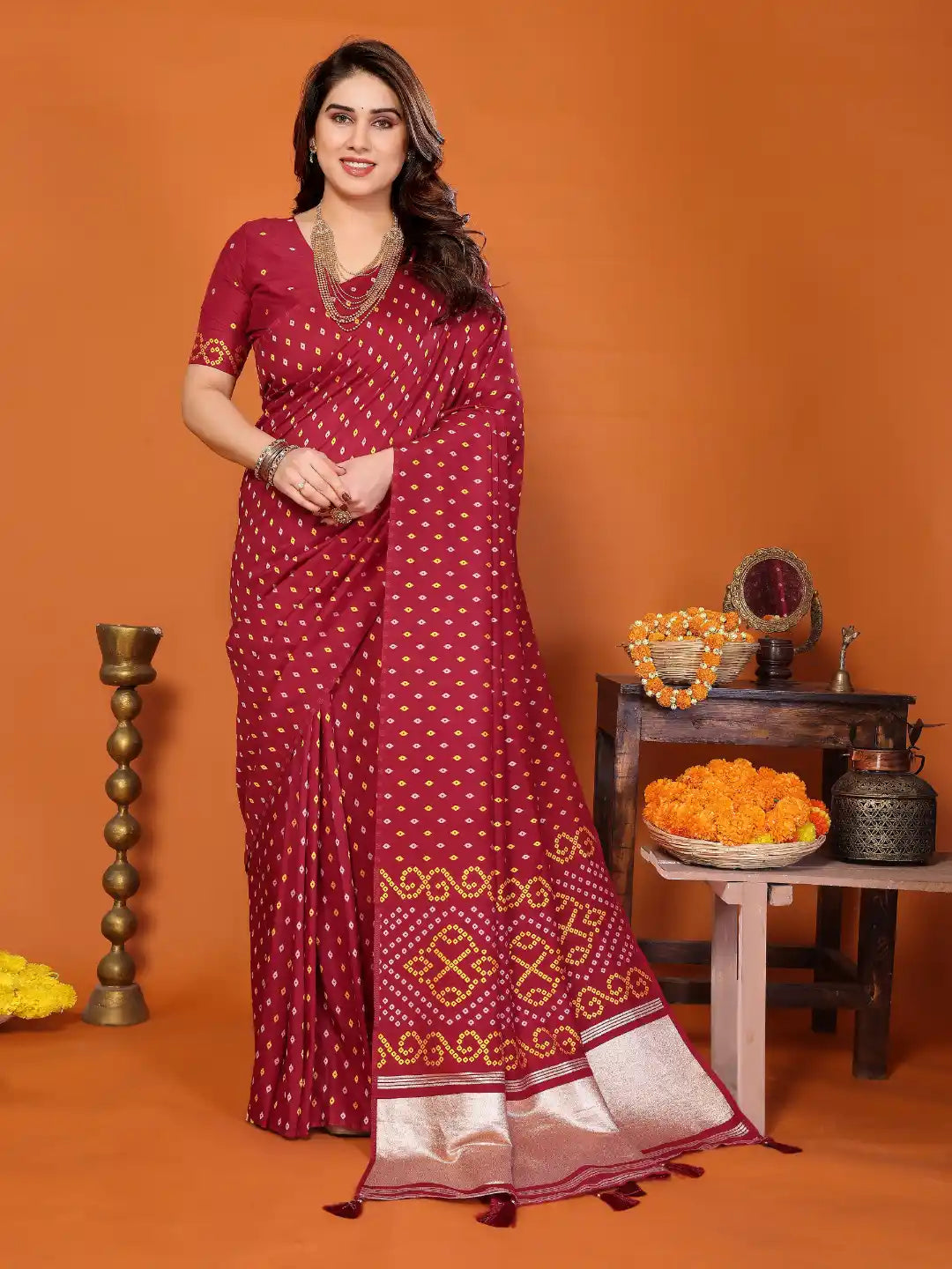 Red Cotton Silk Bandhani Saree
