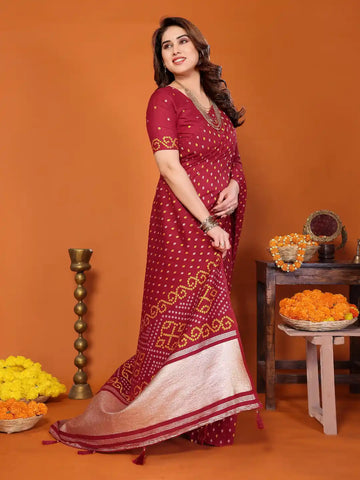 Red Cotton Silk Bandhani Saree