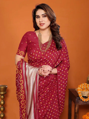 Red Cotton Silk Bandhani Saree