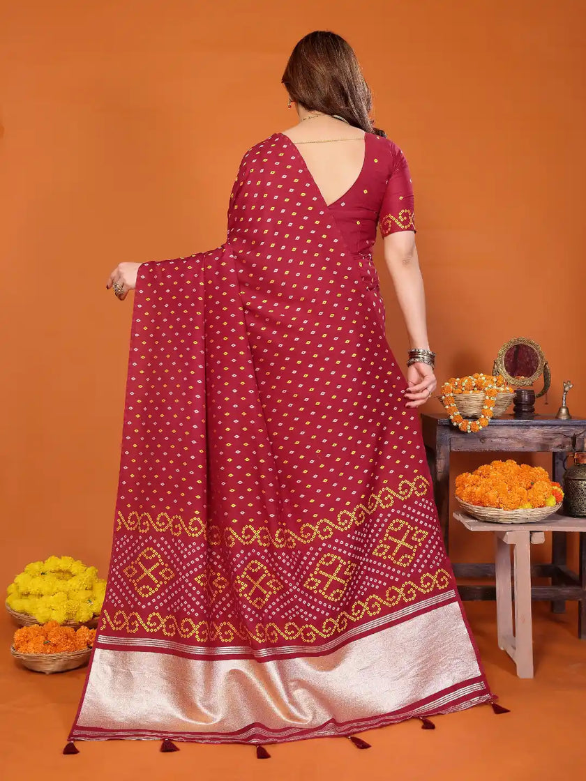 Red Cotton Silk Bandhani Saree