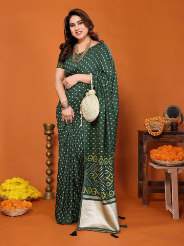 Dark Green Cotton Silk Bandhani Saree