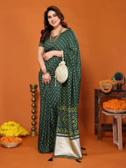 Dark Green Cotton Silk Bandhani Saree